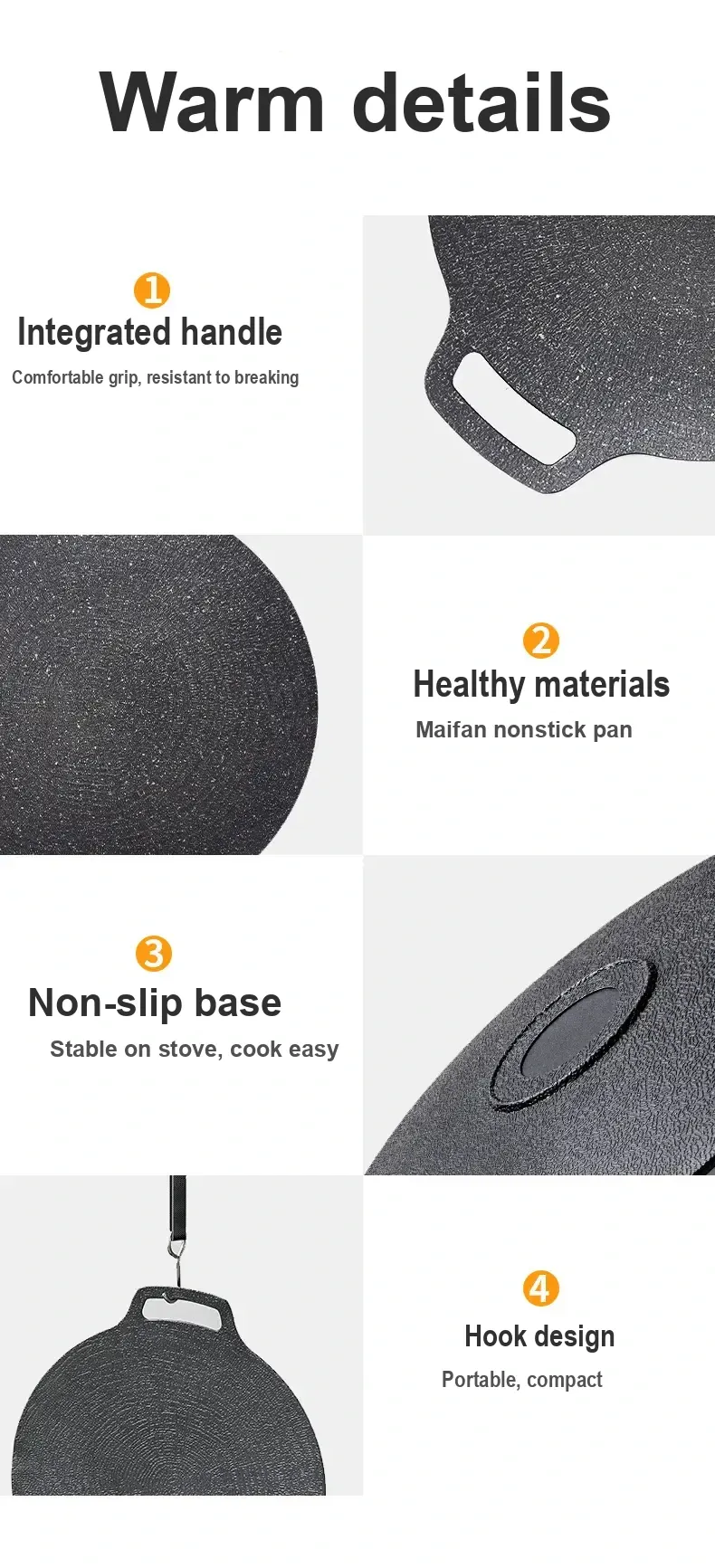 Close-up of the pan's integrated handle and textured cooking surface.