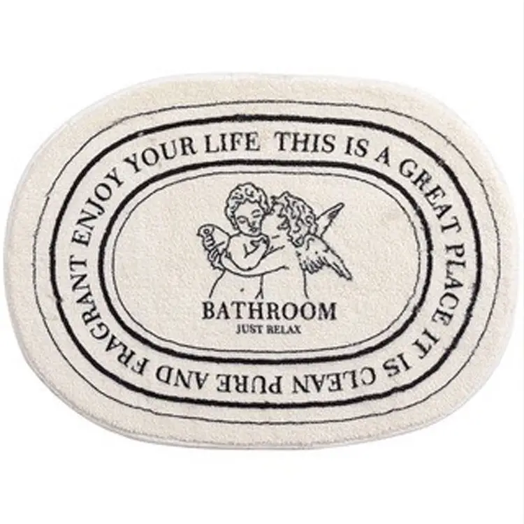 Bathroom Floor Mat White Black Non-Slip Oval - Image 3