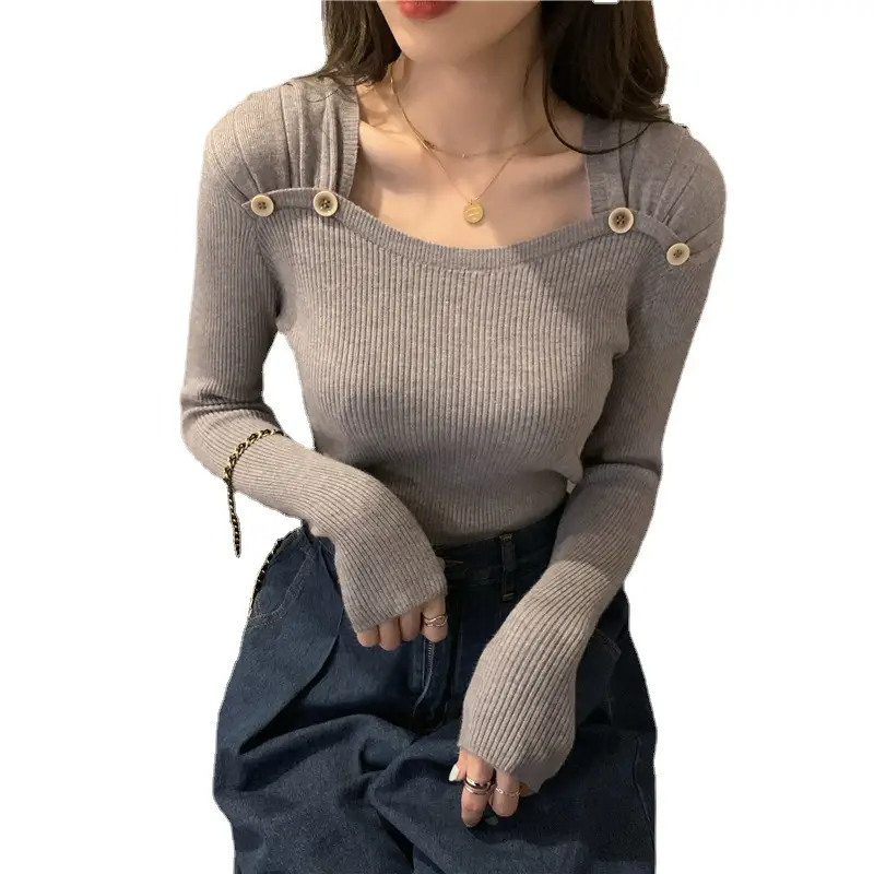 Women Black Square Collar Long Sleeve Sweater Top - Image 8