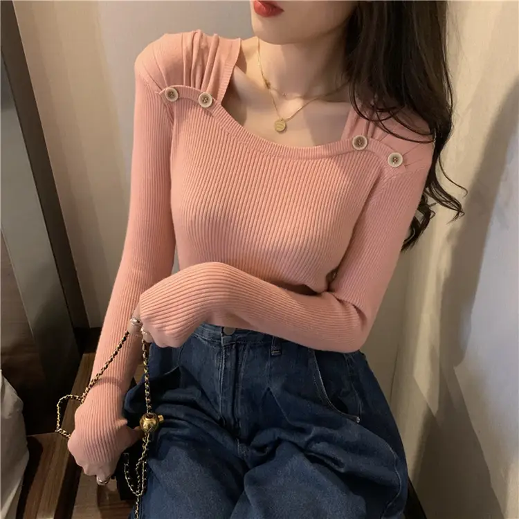Women Black Square Collar Long Sleeve Sweater Top — feature 2
