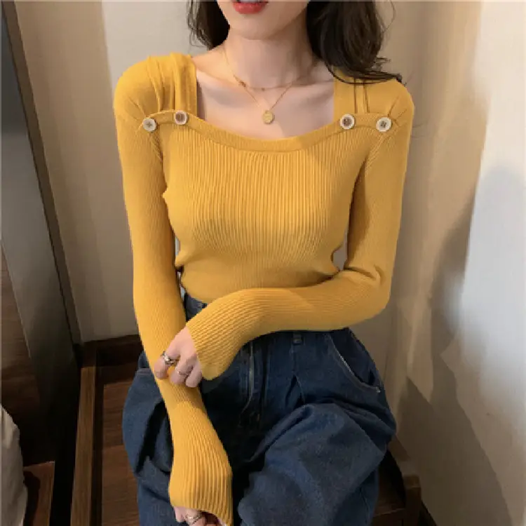 Women Black Square Collar Long Sleeve Sweater Top — feature 4