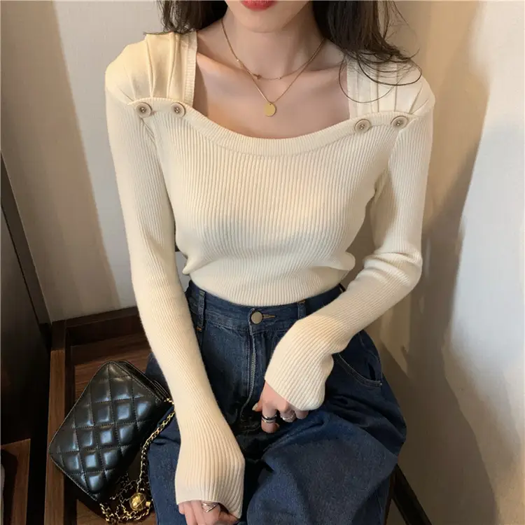 Women Black Square Collar Long Sleeve Sweater Top — feature 6