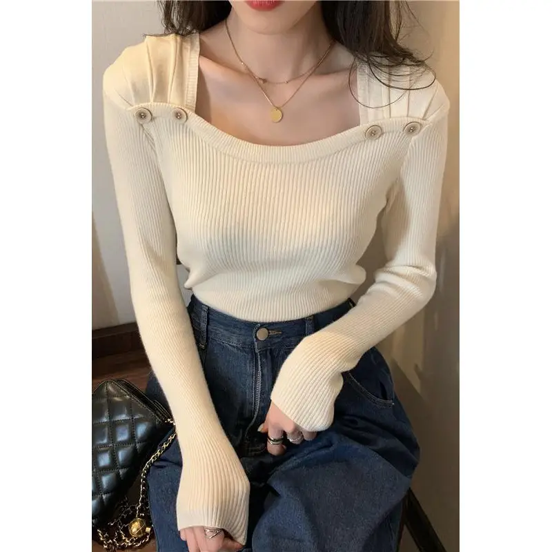 Women Black Square Collar Long Sleeve Sweater Top - Image 7