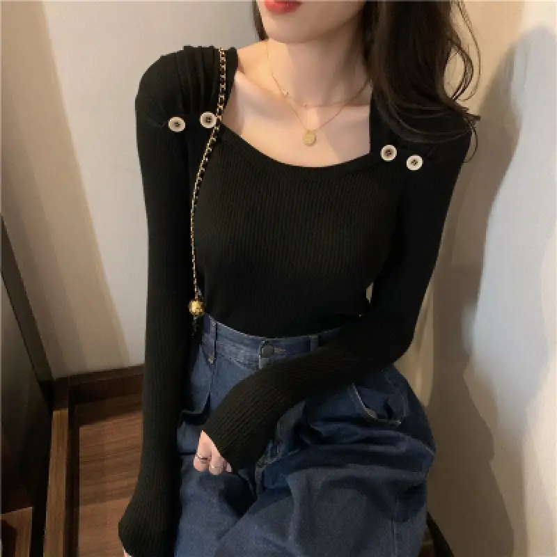 Women Black Square Collar Long Sleeve Sweater Top - Image 3