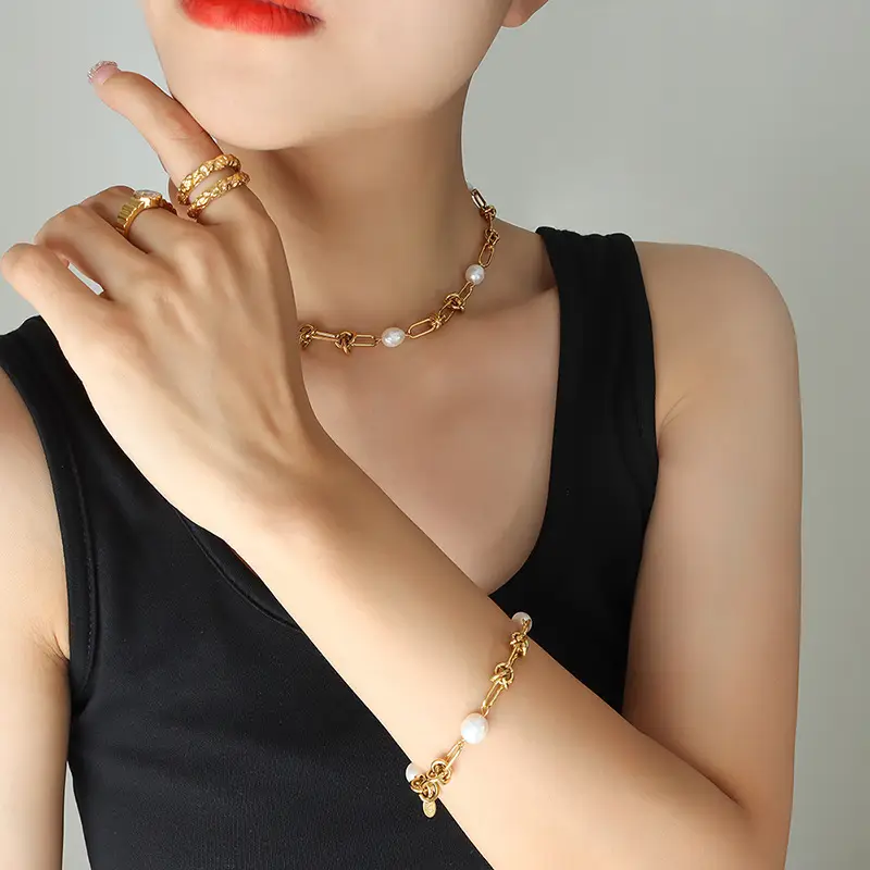 Gold Pearl Chain Necklace & Bracelet Set for Women