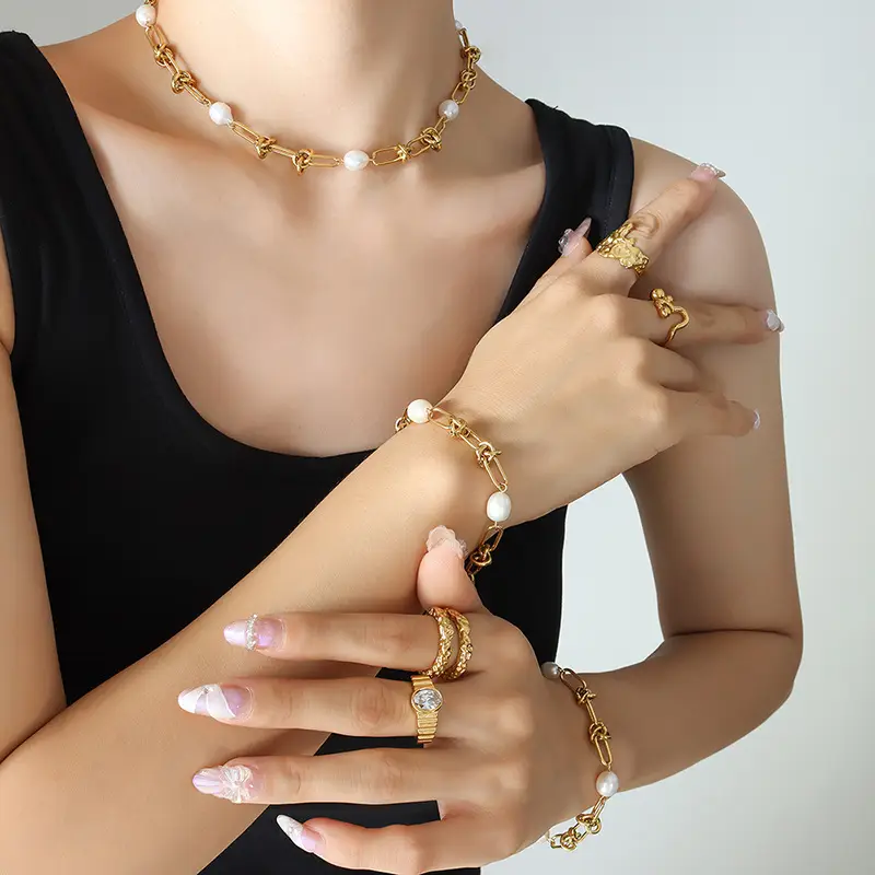 French Baroque Titanium Steel Pearl Kink Earrings Bracelet