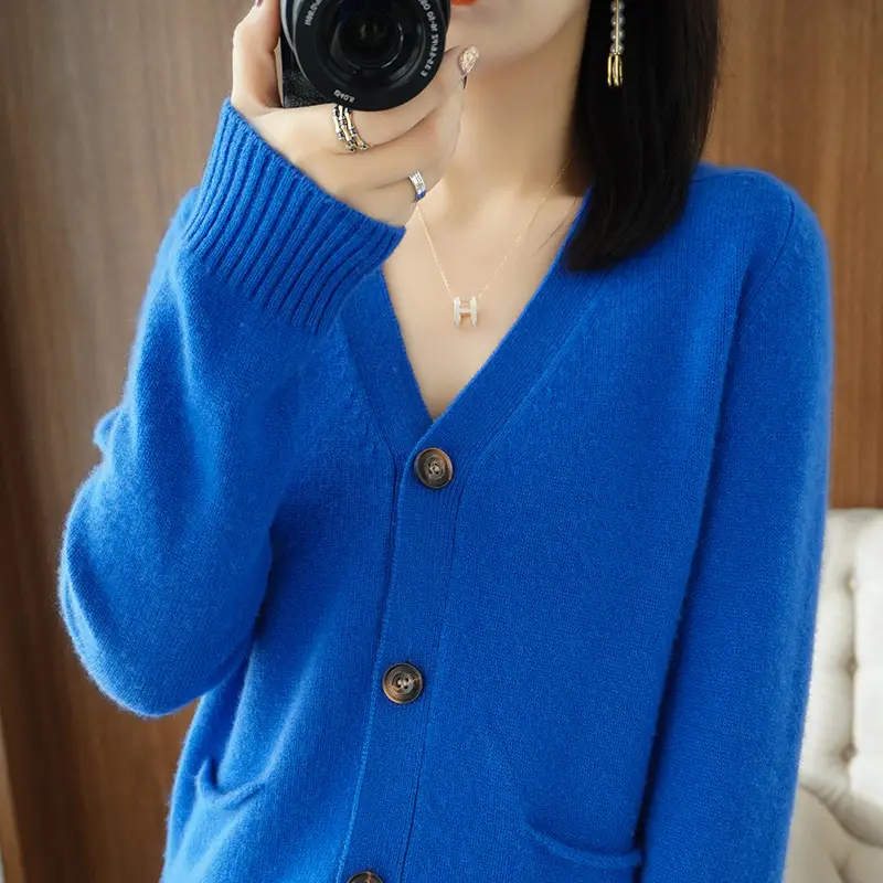 Women V-Neck Cardigan Sweater Coat Beige Spring Autumn 2022 - Image 3