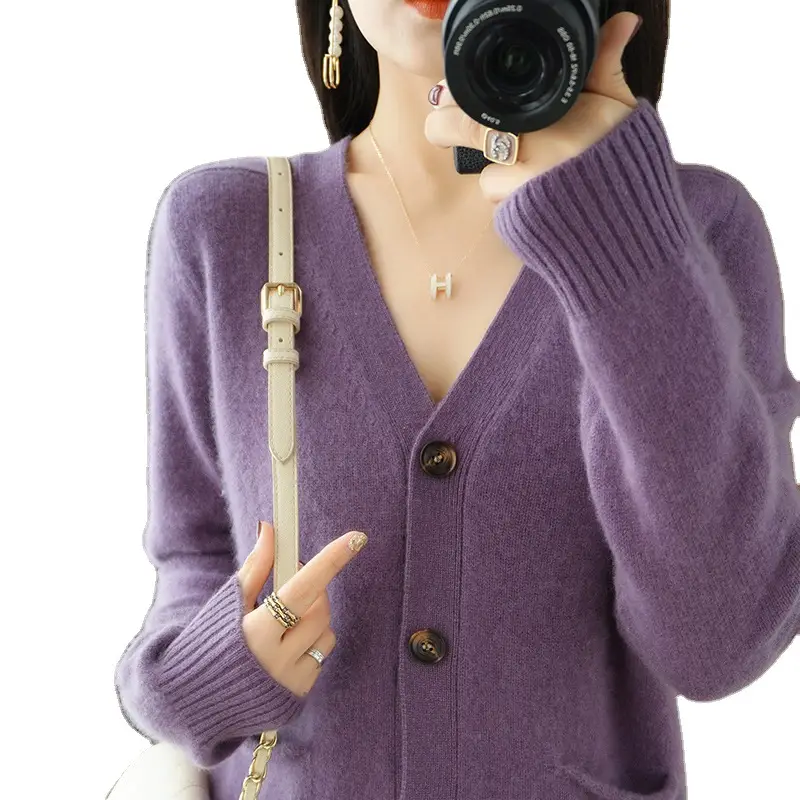 Women V-Neck Cardigan Sweater Coat Beige Spring Autumn 2022 - Image 5