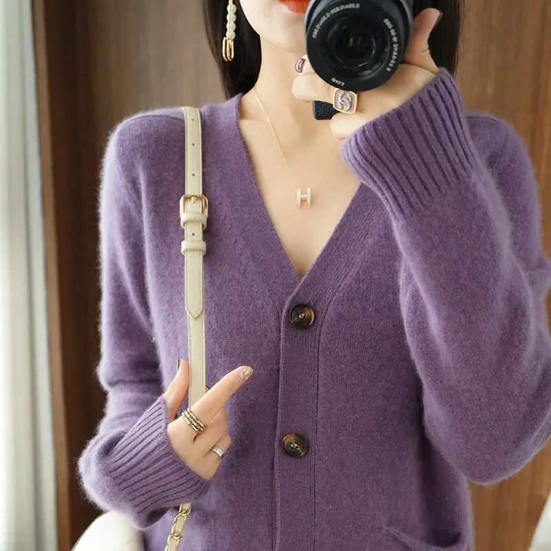 Women V-Neck Cardigan Sweater Coat Beige Spring Autumn 2022 — feature 1