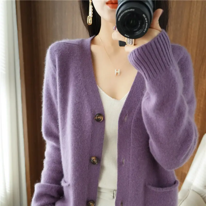 Women V-Neck Cardigan Sweater Coat Beige Spring Autumn 2022 — feature 4