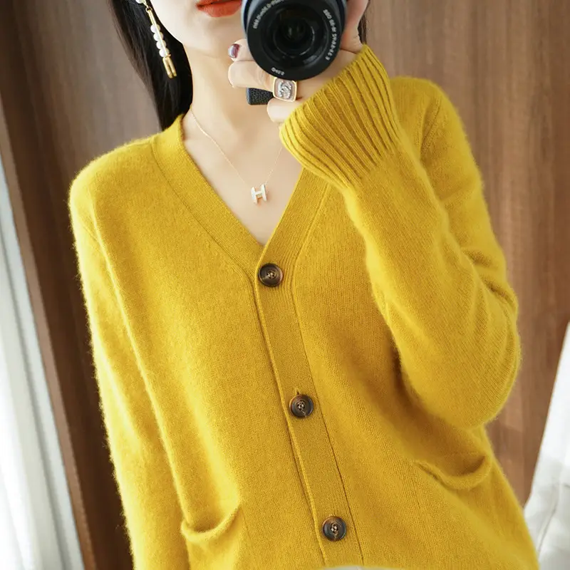 Women V-Neck Cardigan Sweater Coat Beige Spring Autumn 2022 — feature 5