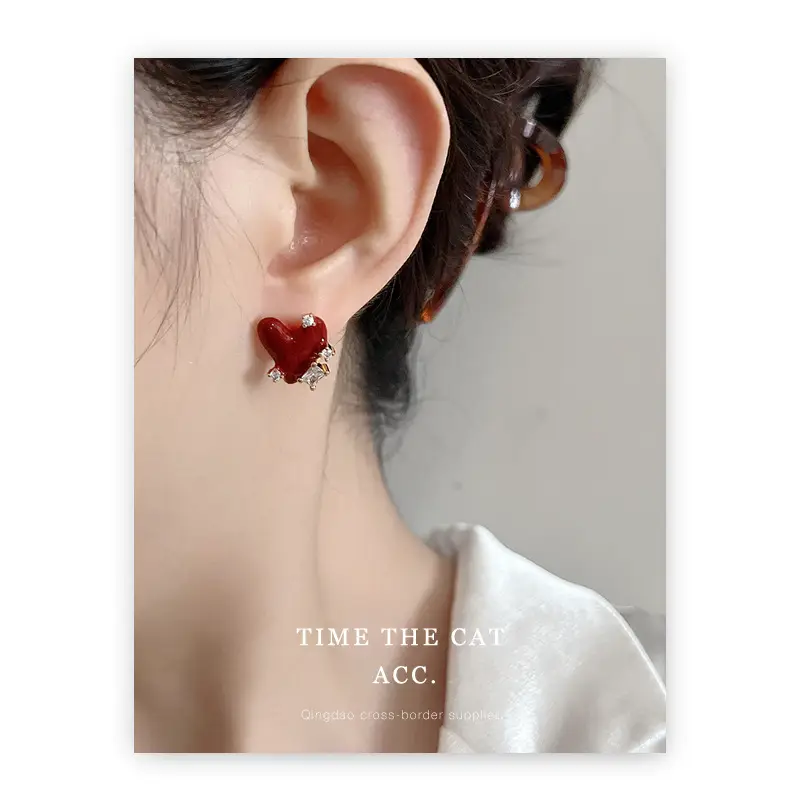 S925 Gold Needle Earrings with Red Oil Dropping Design - Image 5
