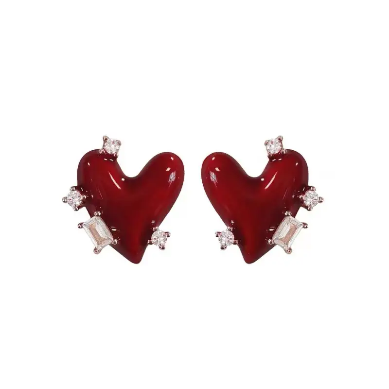 S925 Gold Needle Earrings with Red Oil Dropping Design - Image 8