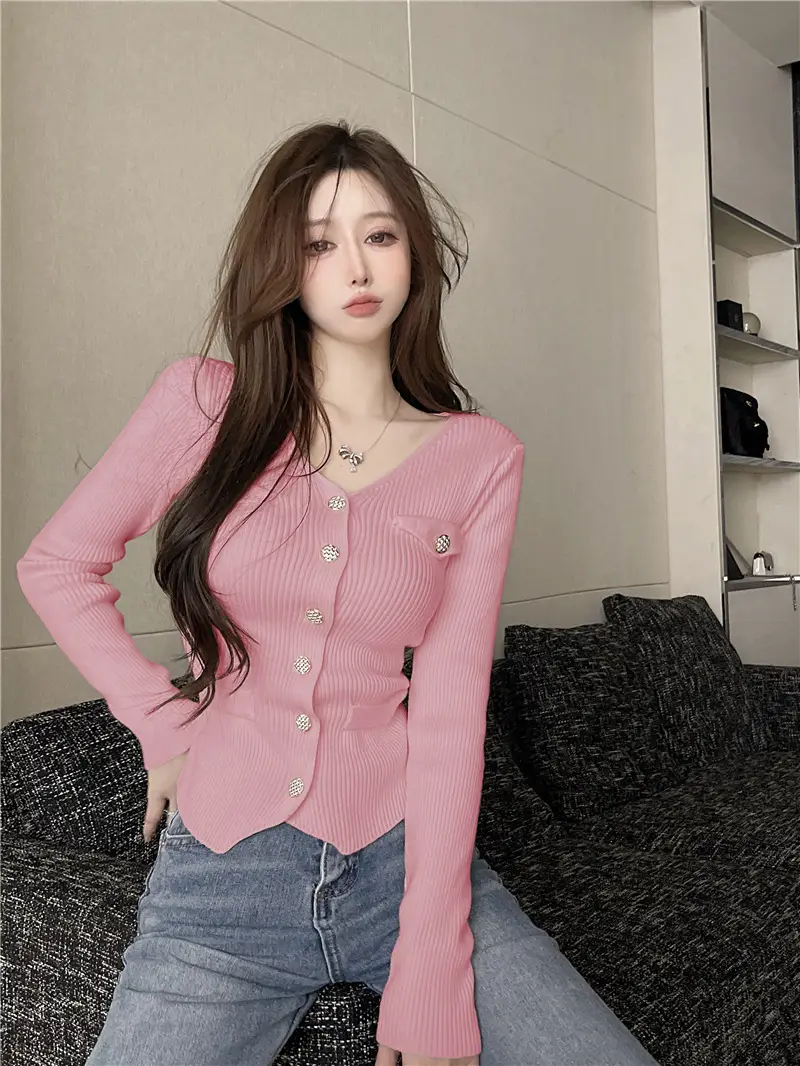 Pink Knitted V-Neck Cardigan Women's Innerwear — feature 13