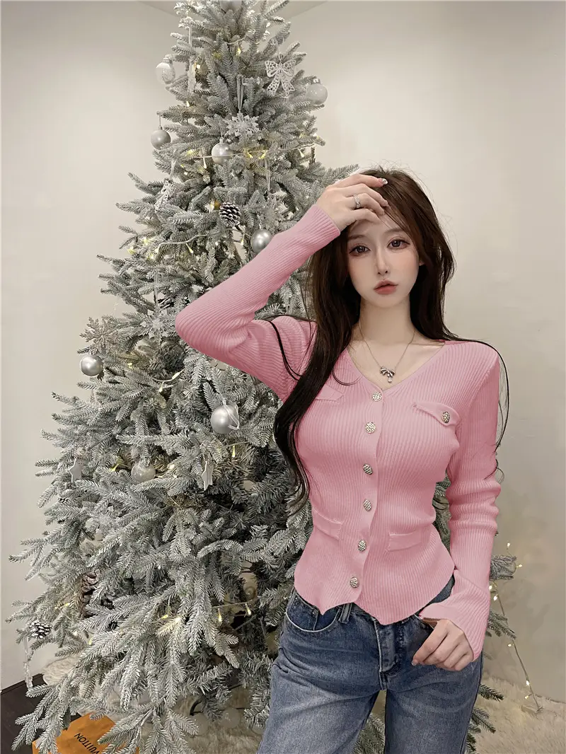Pink Knitted V-Neck Cardigan Women's Innerwear — feature 14
