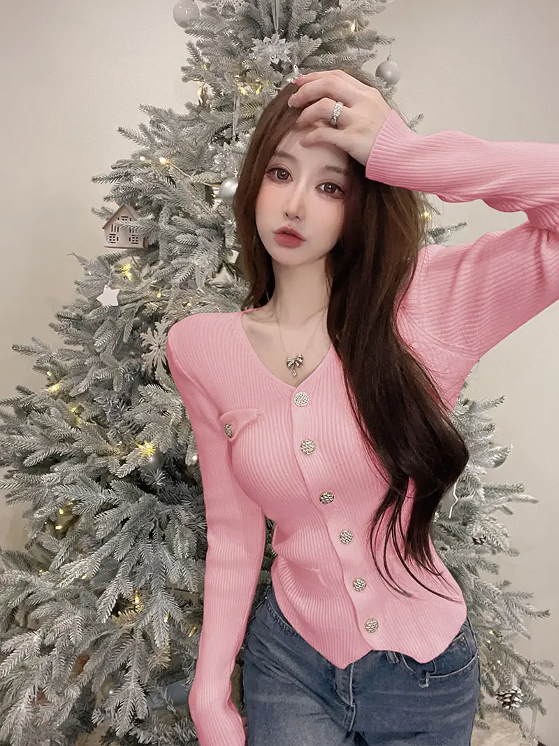 Pink Knitted V-Neck Cardigan Women's Innerwear — feature 16