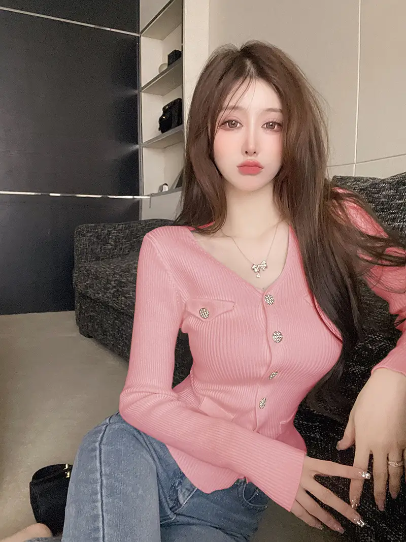 Pink Knitted V-Neck Cardigan Women's Innerwear — feature 17
