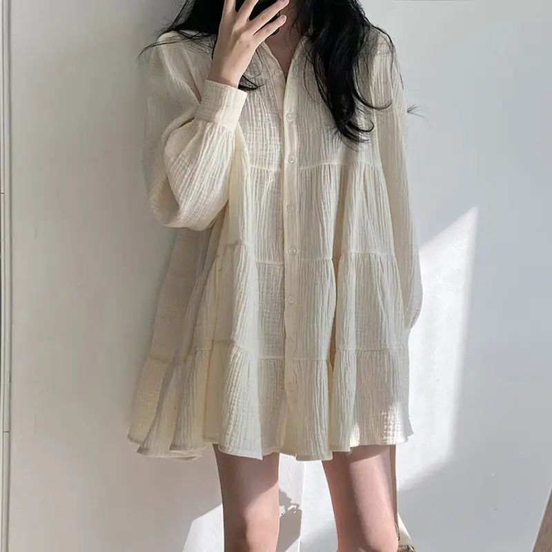Korean Chic Lapel Pleated Dress Navy Blue - Image 6