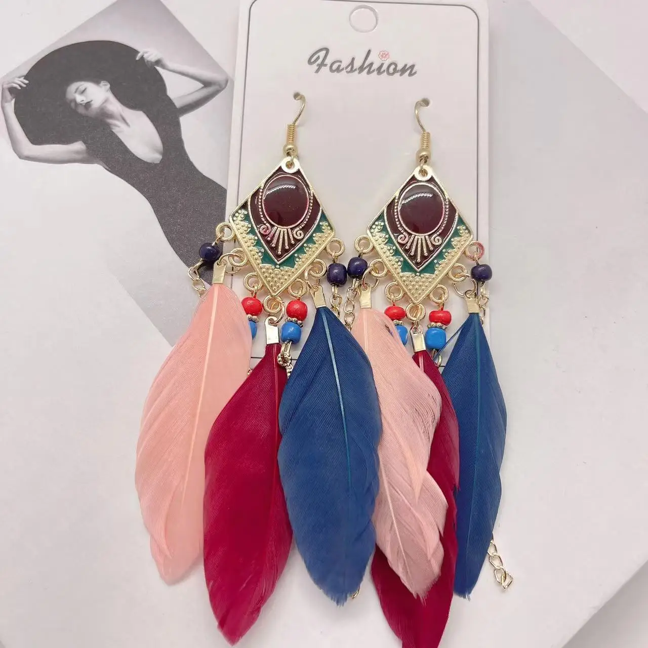 Blue Feather Tassel Earrings for Women Ethnic Style - Image 10