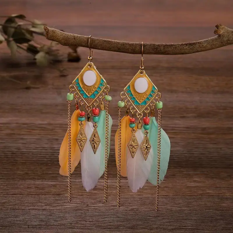 Blue Feather Tassel Earrings for Women Ethnic Style - Image 12