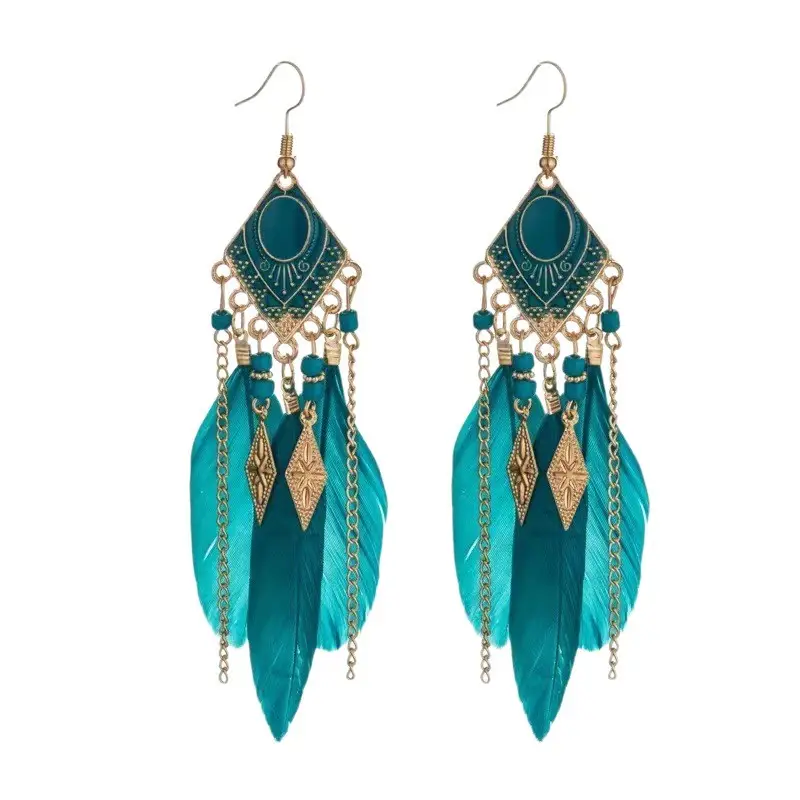 Blue Feather Tassel Earrings for Women Ethnic Style - Image 13