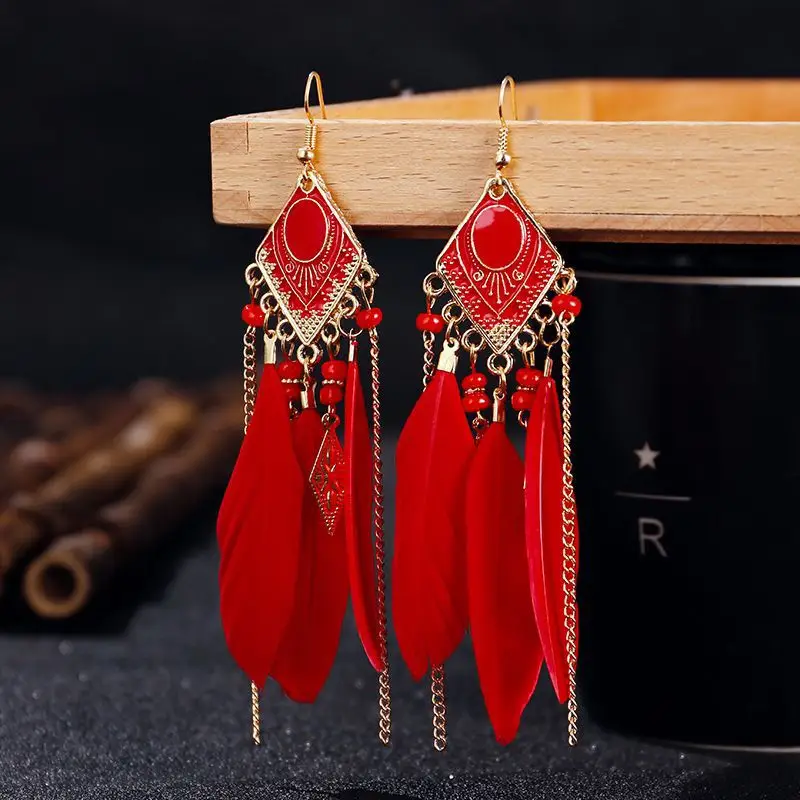 Blue Feather Tassel Earrings for Women Ethnic Style — feature 8