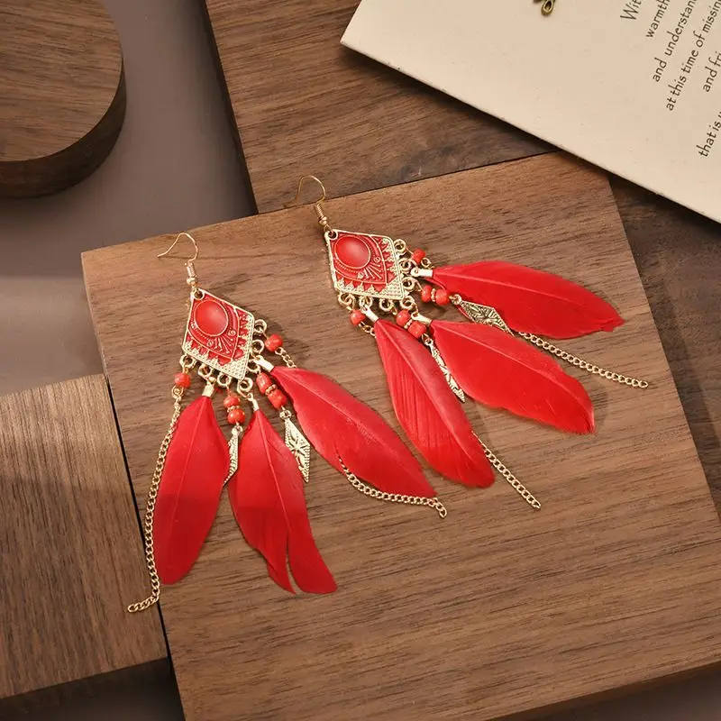 Blue Feather Tassel Earrings for Women Ethnic Style — feature 9