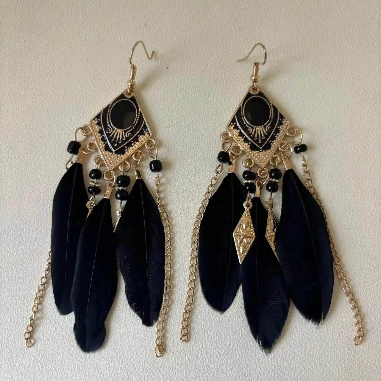 Blue Feather Tassel Earrings for Women Ethnic Style - Image 2