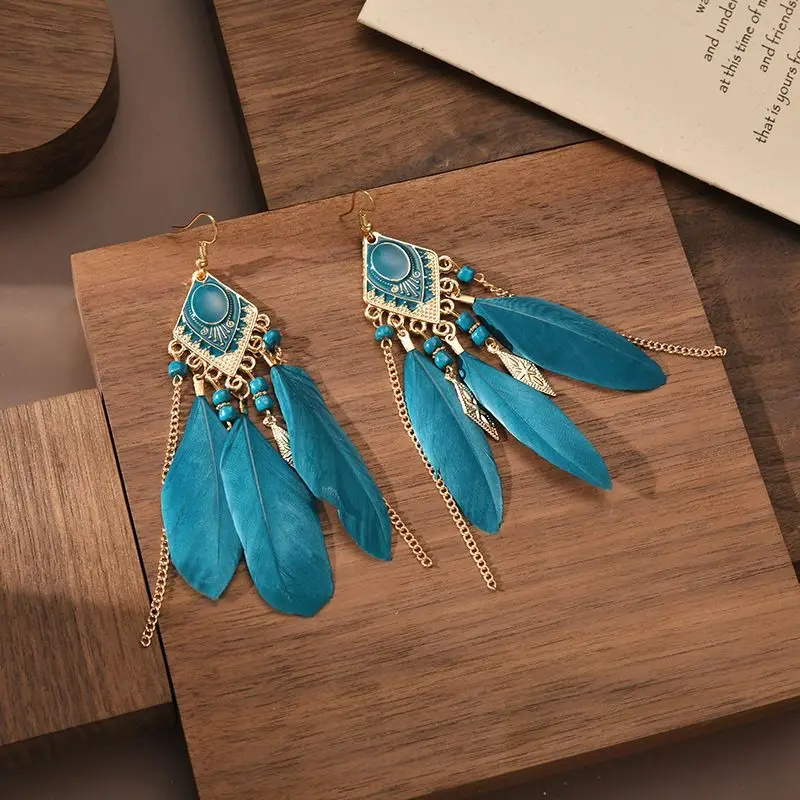 Blue Feather Tassel Earrings for Women Ethnic Style - Image 4