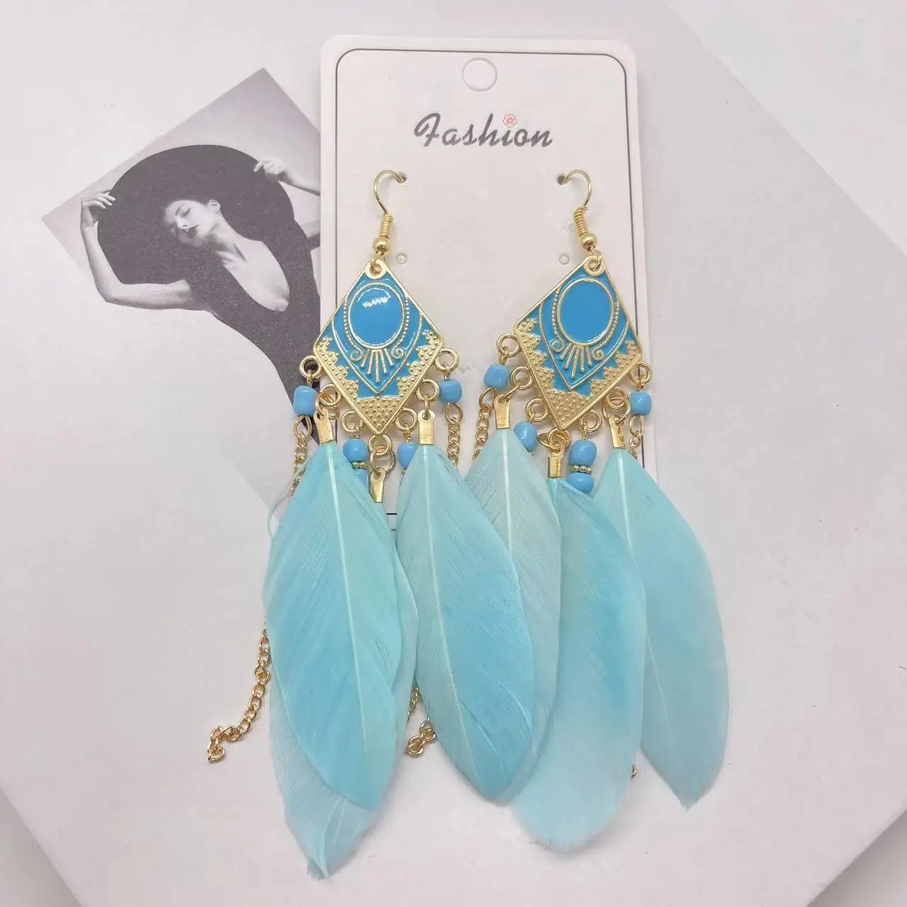 Blue Feather Tassel Earrings for Women Ethnic Style - Image 6