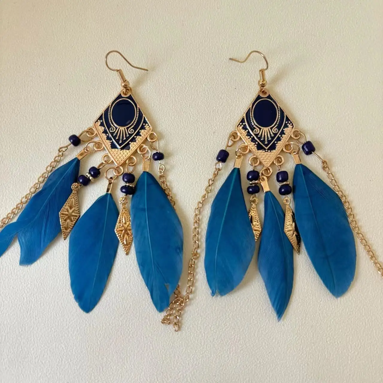 Blue Feather Tassel Earrings for Women Ethnic Style - Image 8