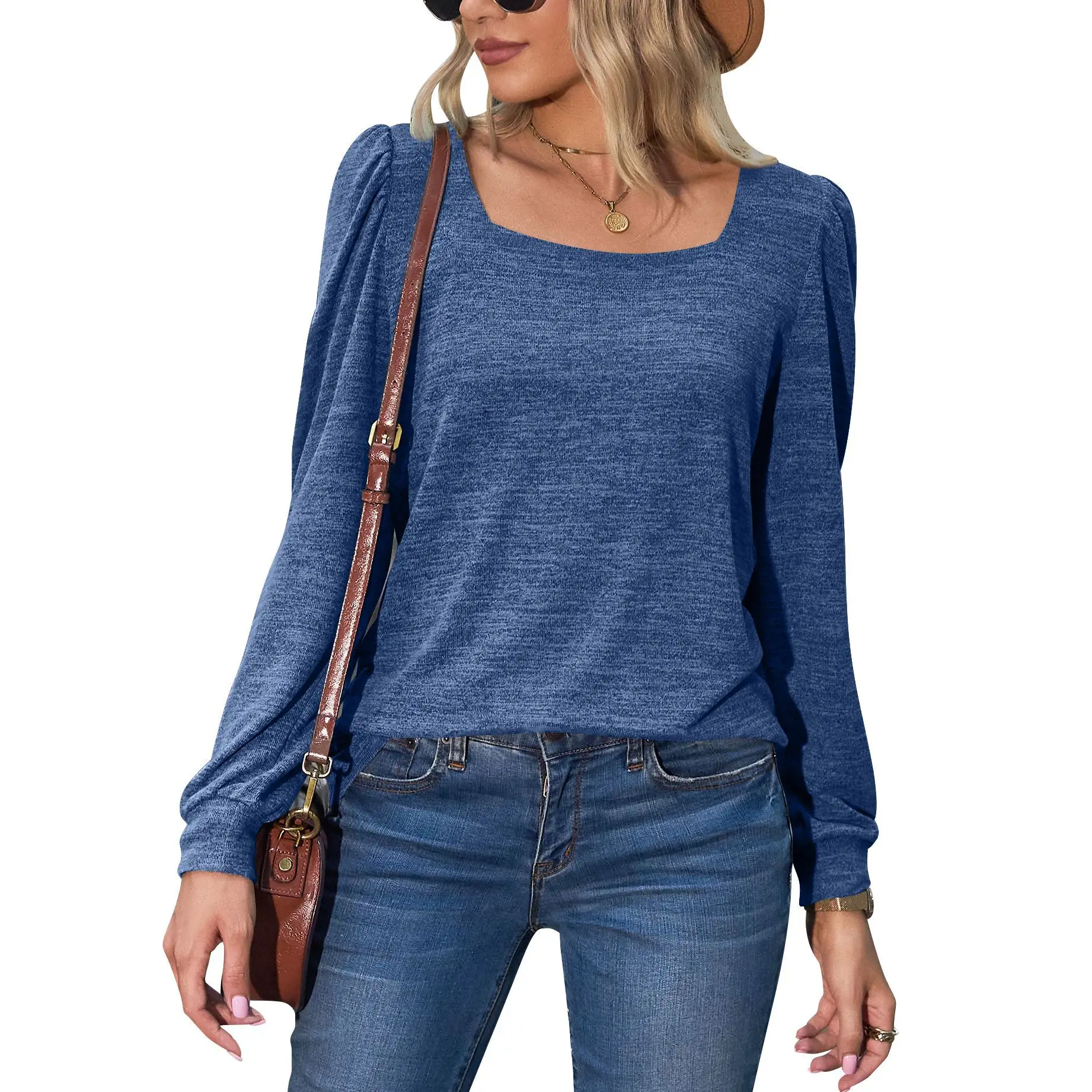 Women's Purple Puff Sleeve T-Shirt Square Collar - Image 9