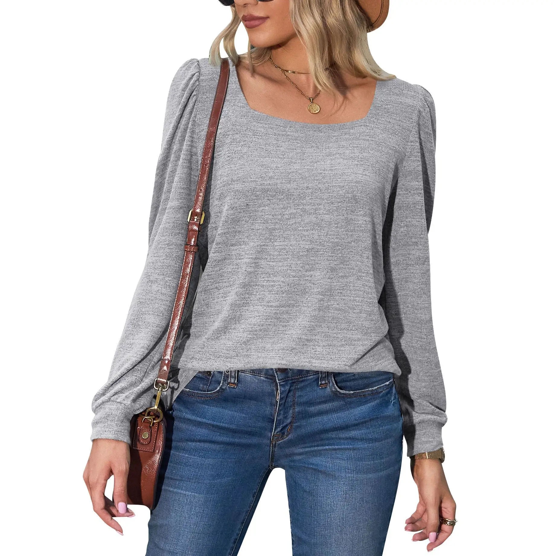 Women's Purple Puff Sleeve T-Shirt Square Collar - Image 12