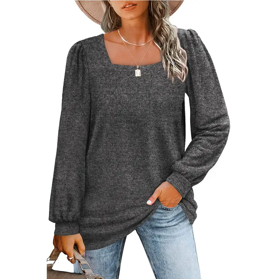 Women's Purple Puff Sleeve T-Shirt Square Collar - Image 4
