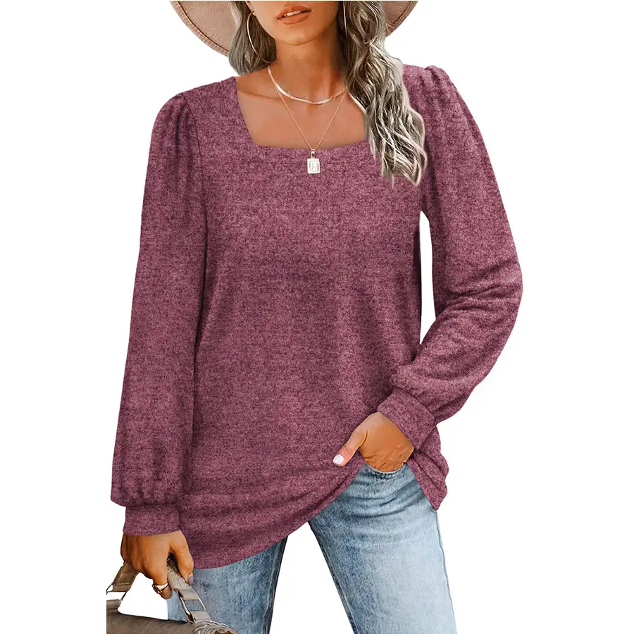Women's Purple Puff Sleeve T-Shirt Square Collar - Image 7