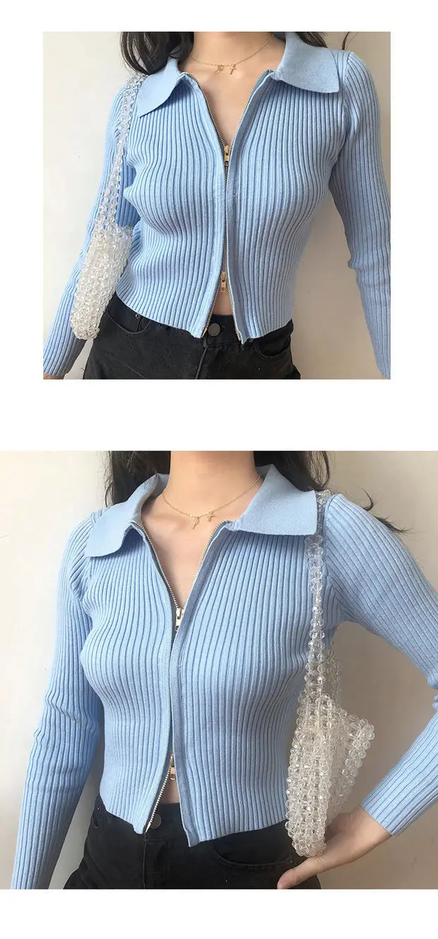 Women Black Zipper Knit Cardigan Short Coat — feature 4