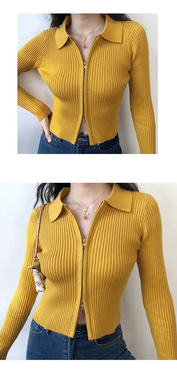 Women Black Zipper Knit Cardigan Short Coat — feature 7