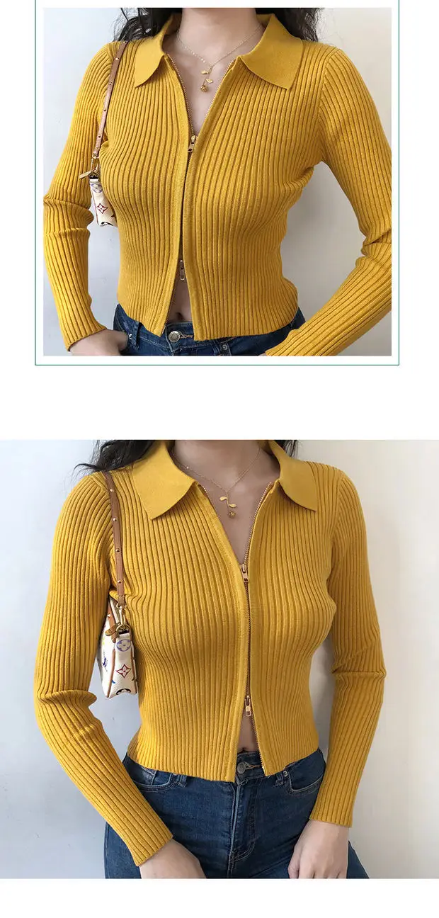 Women Black Zipper Knit Cardigan Short Coat — feature 9