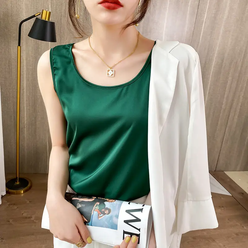 Women's Blue Silk Sleeveless Top with One-Neck Design - Image 13