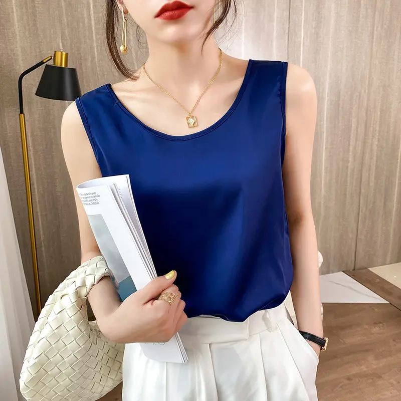 Women's Blue Silk Sleeveless Top with One-Neck Design - Image 14