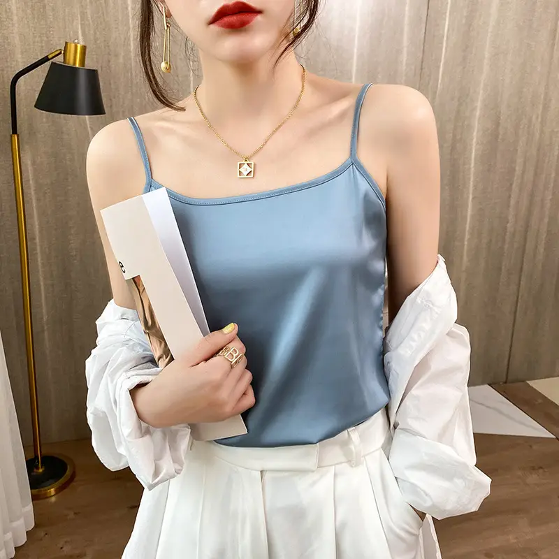 Women's Blue Silk Sleeveless Top with One-Neck Design - Image 4