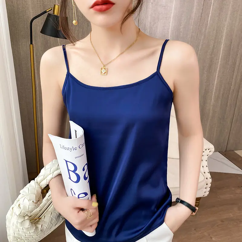 Women's Blue Silk Sleeveless Top with One-Neck Design - Image 7