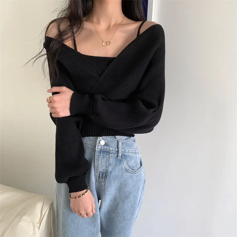 Women Faux Knitted Camisole with Exposed Collarbone & Long Sleeves Brown - Image 2