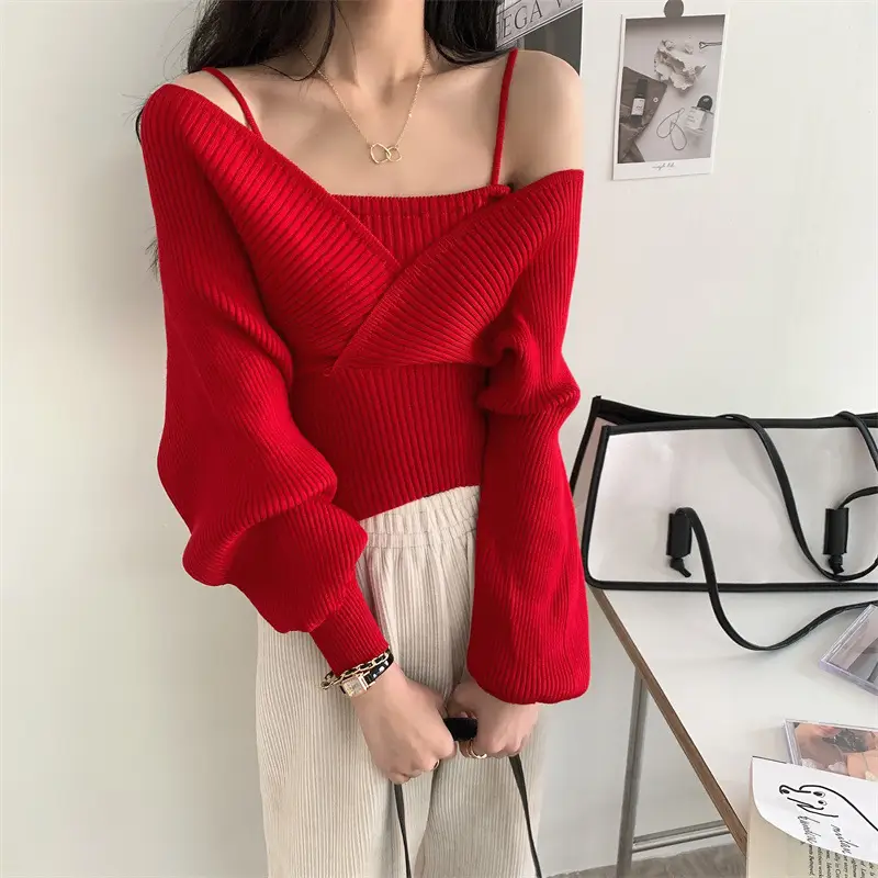 Women Faux Knitted Camisole with Exposed Collarbone & Long Sleeves Brown - Image 4