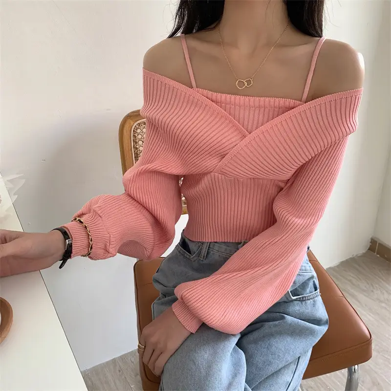 Women Faux Knitted Camisole with Exposed Collarbone & Long Sleeves Brown - Image 3