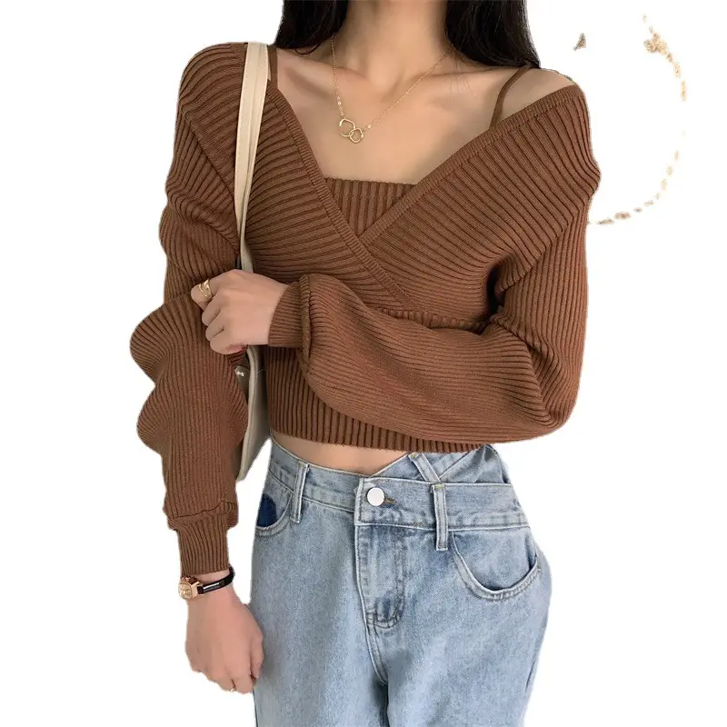 Women Faux Knitted Camisole with Exposed Collarbone & Long Sleeves Brown - Image 6