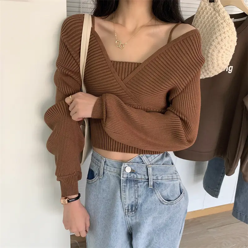 Women Faux Knitted Camisole with Exposed Collarbone & Long Sleeves Brown - Image 5