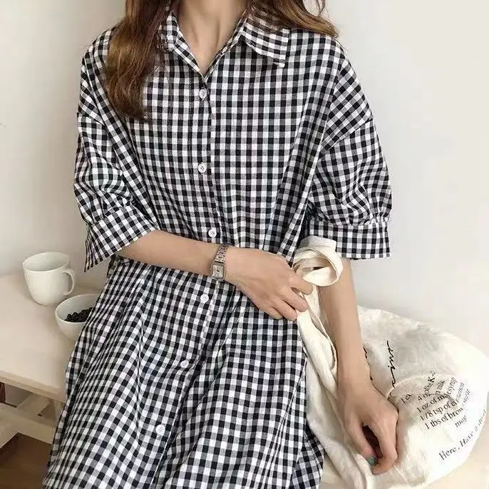 Korean Style Plaid Shirt Dress Women 2025 Summer - Image 4