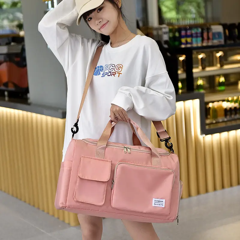Women's Light Blue Sports Travel Bag with Pink Strap - Image 13