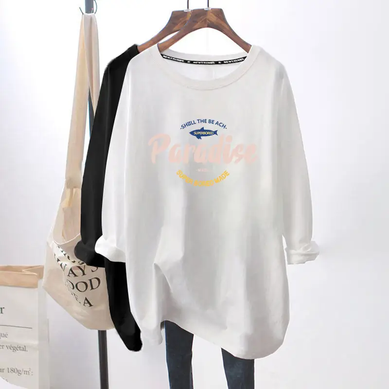 Women Long Sleeve Graphic T-Shirt White Black - Image 12